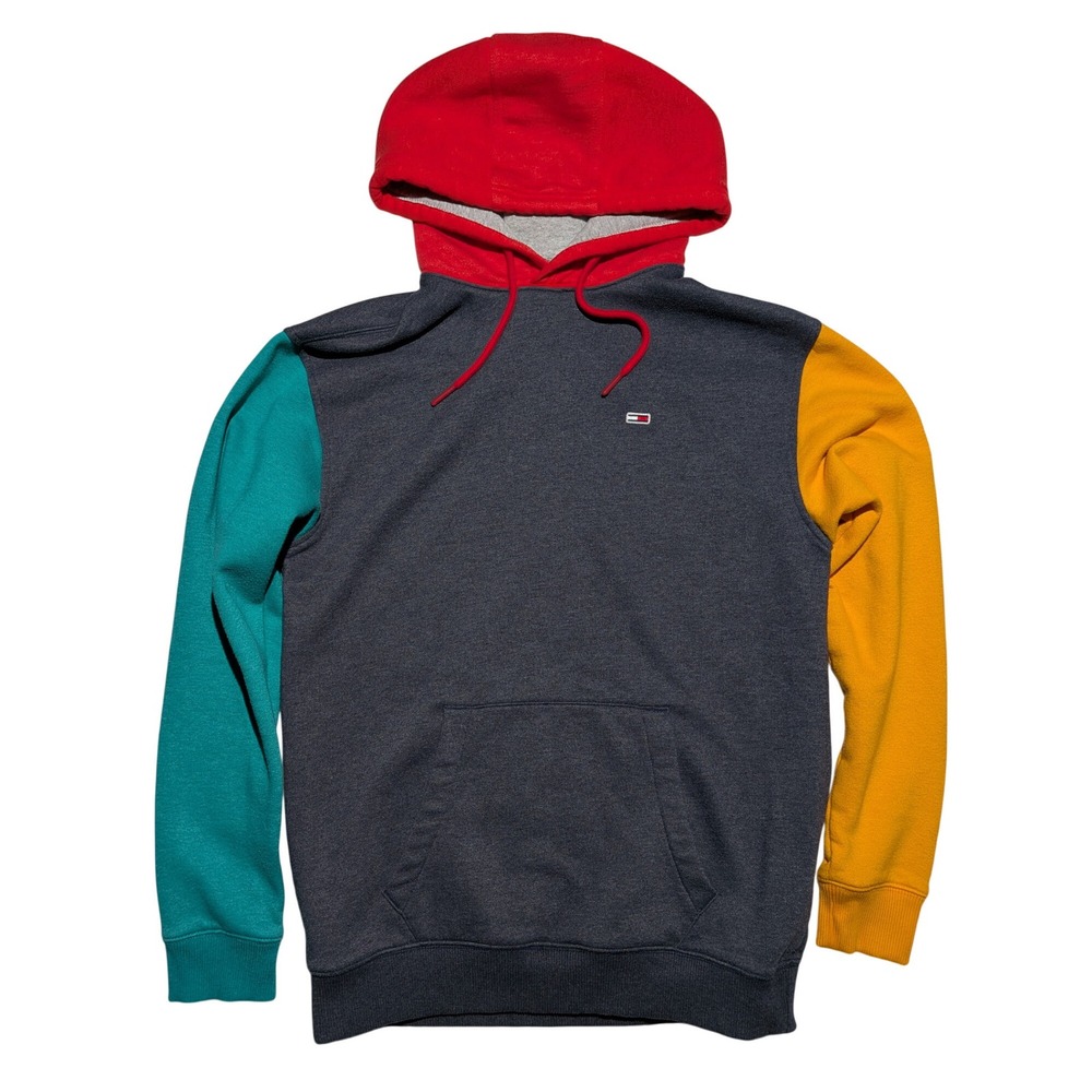 Tommy Jeans Colorblock Hoodie Mens Small Flag Logo Red Gray Streetwear